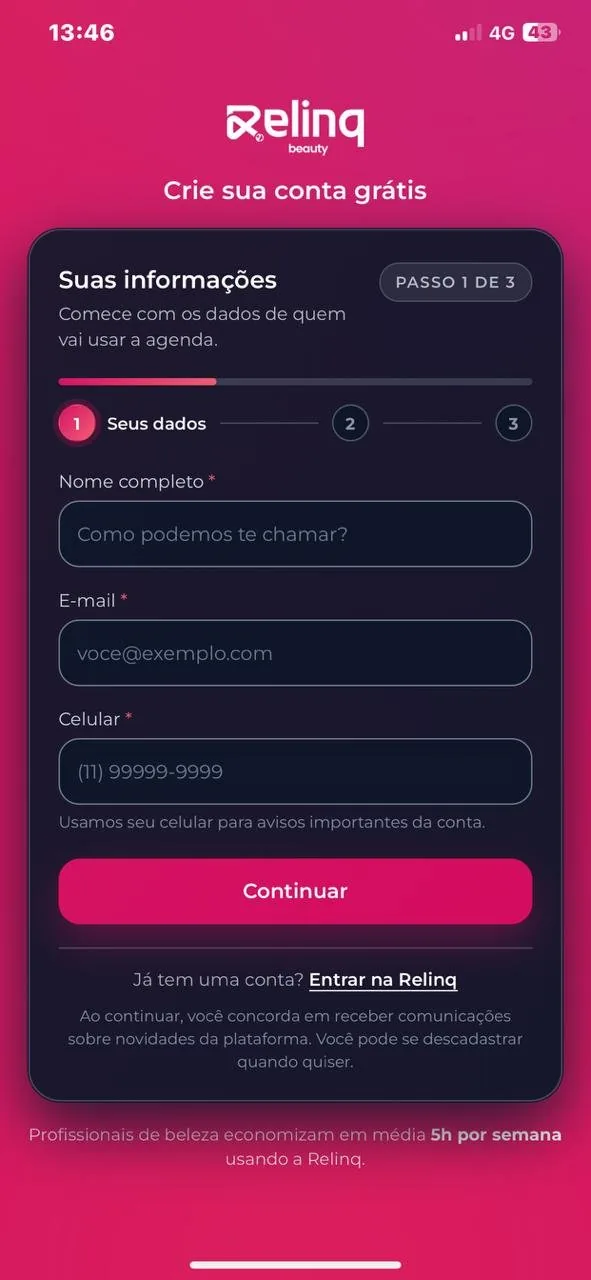Tela de criação de conta grátis no app da Relinq Beauty, passo 1 de 4