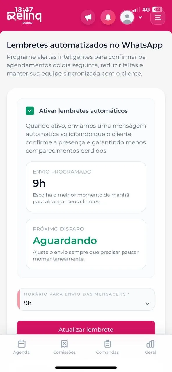 Tela de lembretes automáticos por WhatsApp no app da Relinq Beauty, passo 4 de 4