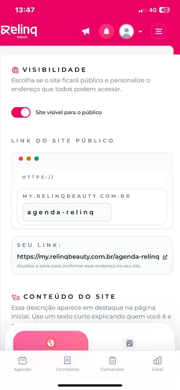 Tela do link de agendamento para enviar aos clientes, passo 3 de 4