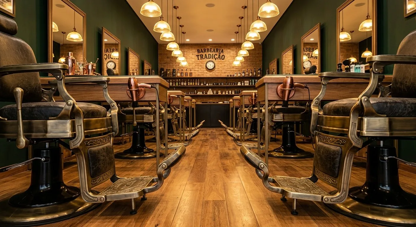Barbearia com cadeiras clássicas e ambiente amadeirado