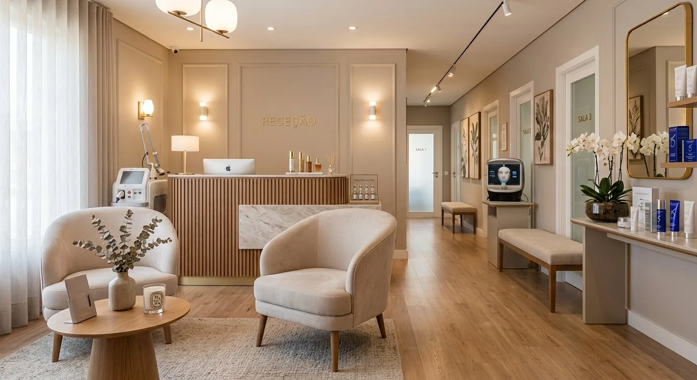 Sala de clínica de estética com maca e equipamentos